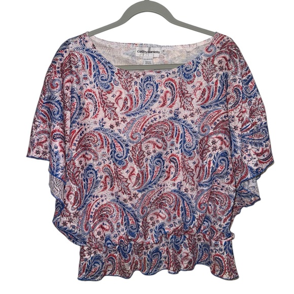 Cathy Daniels Red White Blue Paisley Flutter Sleeve Blouse | Size Large - Picture 2 of 5
